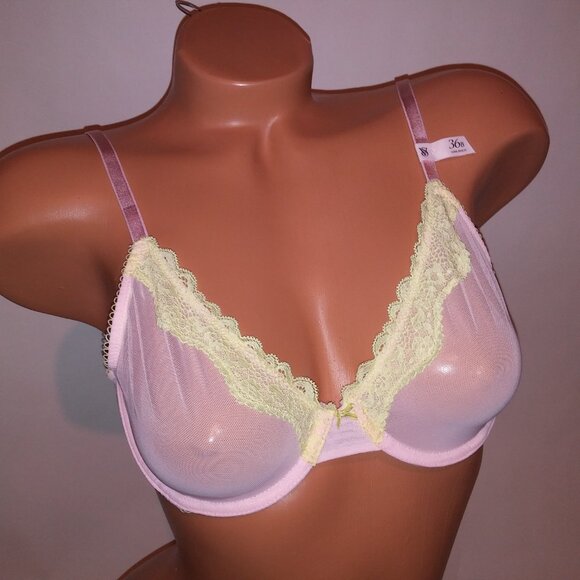 VS Tease Unlined Demi Bra 36B Pink Sheer Lace Trim NWT - Picture 3 of 9